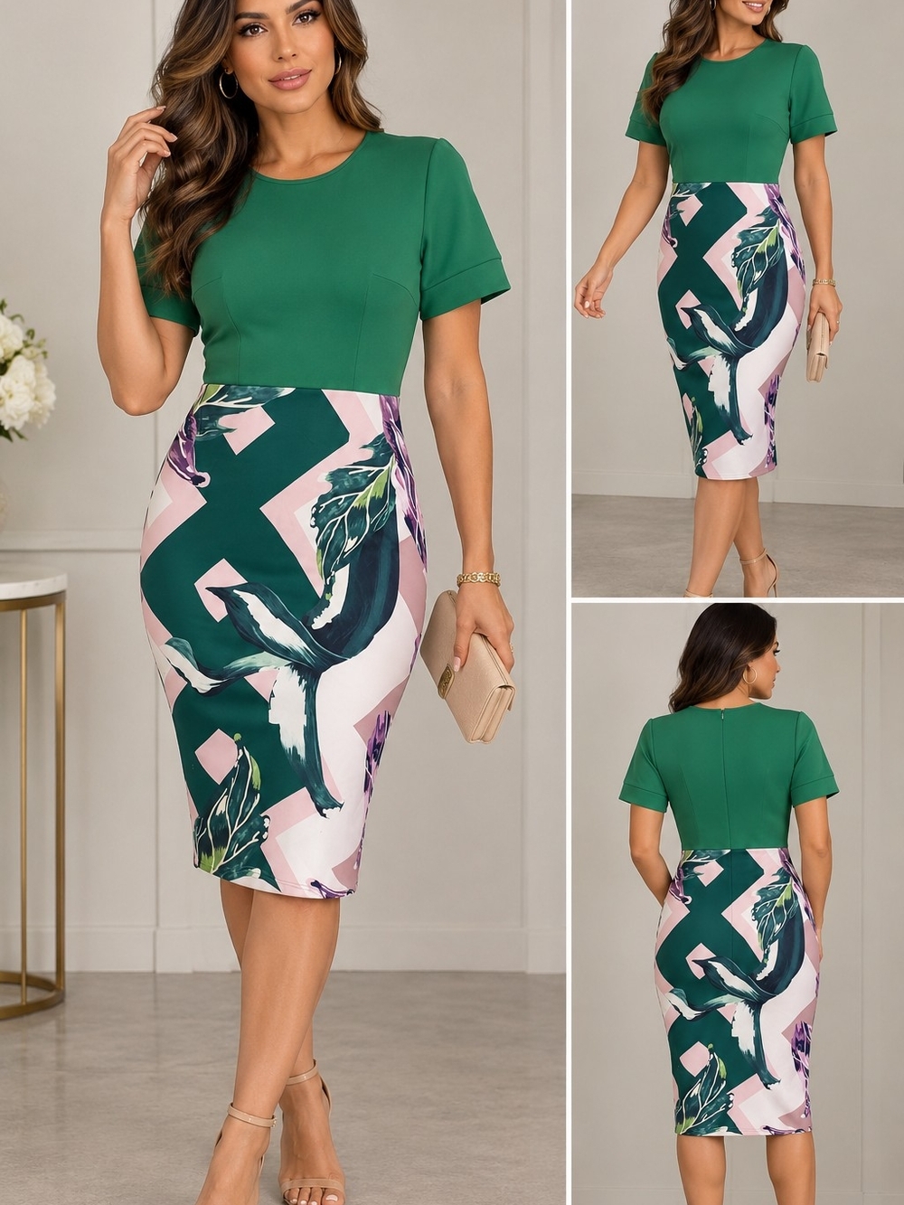 Green Short-Sleeve Sheath Dress with Floral Print